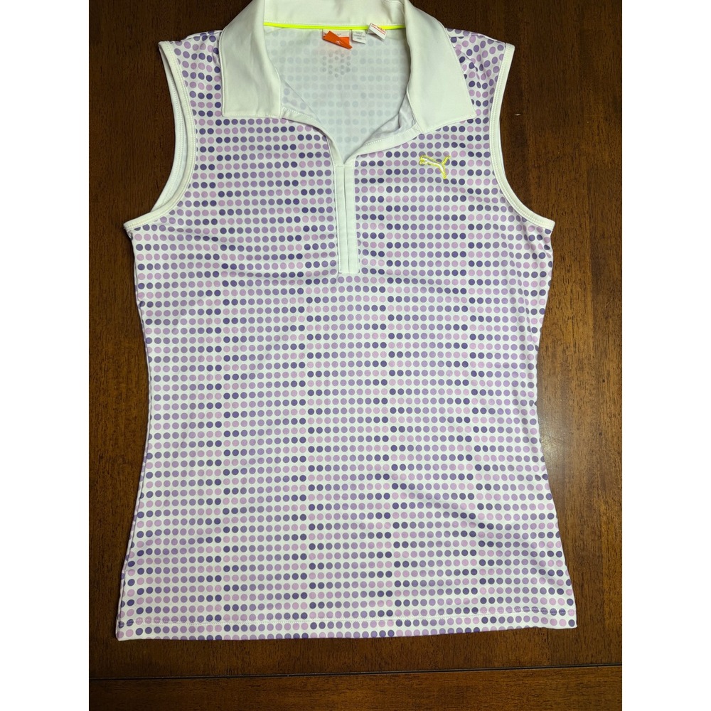 Puma Sleeveless Golf Polo Women Small Purple Polka Dot Excellent DryCell Sporty